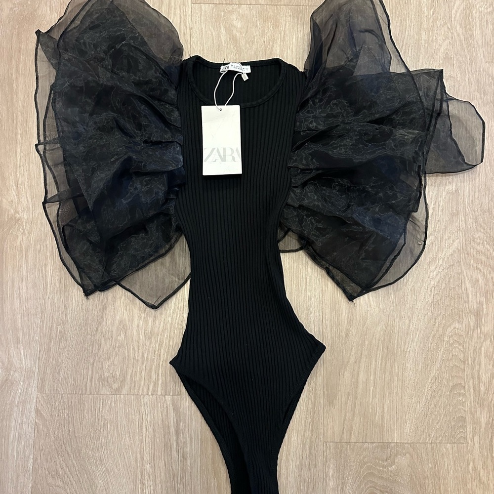 Zara tulle ruffled black rubbed bodysuit sleeveless top - Picture 3 of 4